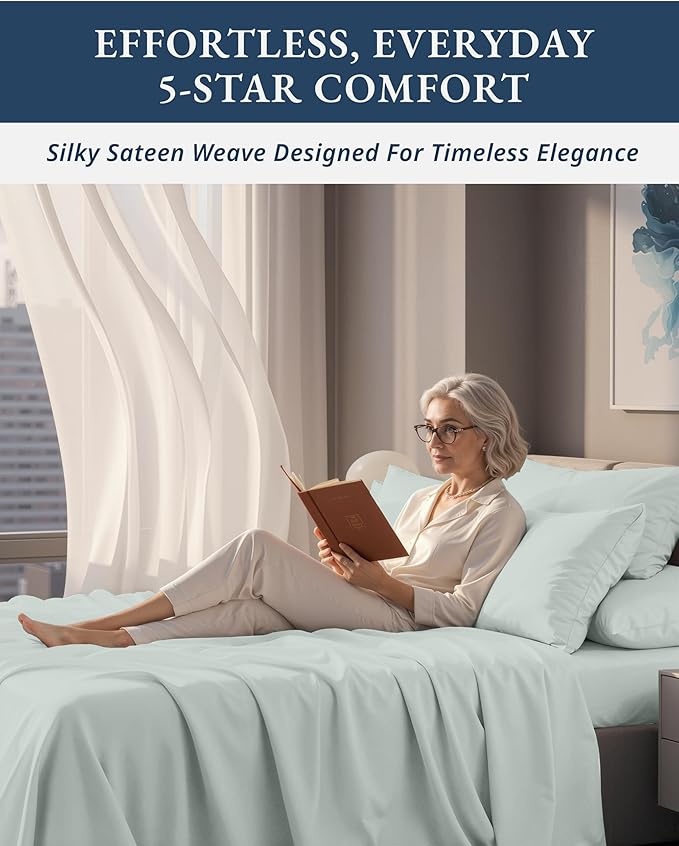 LANE LINEN 100% Egyptian Cotton Ultra Soft Queen Size Sheets Set, Mercerized Silky Sateen Weave, Fully Elasticized Fitted Sheet with French Seam, Hotel Quality Thick Luxury Bed Sheets – Murmur