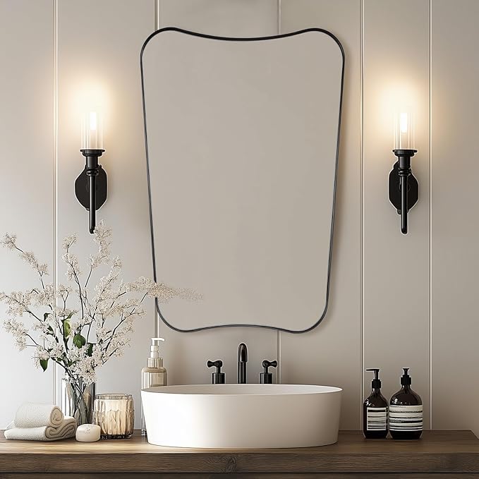 MIRRORTART Contemporary Black Bathroom Mirrors for Wall, 24x36'' Asymmetrical Scalloped Butterfly Rectangle Mirror in Stainless Steel Metal Frame for Home Decor Wall Mounted Vertical Only