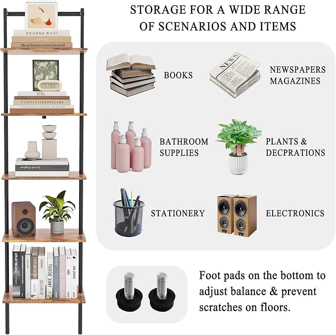 5-Tier Ladder Shelf, Wall Mounted Ladder Bookshelf with Metal Frame, Wood Tall Open Storage Rack and Display Shelves for Home Office Bedroom Living Room, Rustic Brown