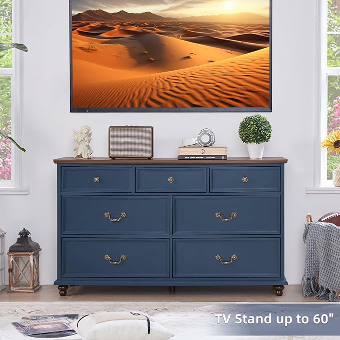 Farmhouse 7 Drawers Dresser Sets of 2 for Bedroom, Navy Blue 54 Inch Wide Chest of Drawers w/ 4 Wooden Legs, Large Vintage Rustic Closet Dressers for Living Room, Wood TV Stand