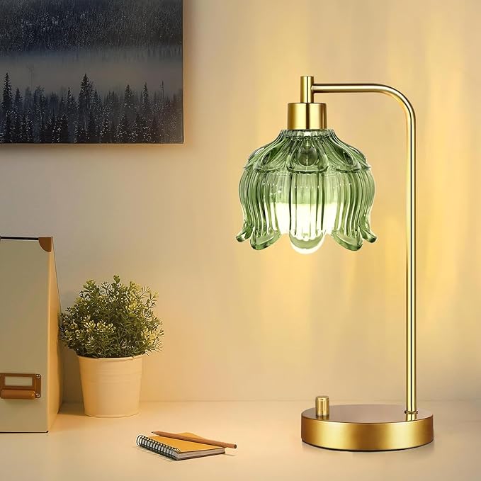 Glass Table Lamp Set of 2,Small Gold Bedside Lamps Dimmable Boho Bedroom Lamp with Tulip Flower Green Lamp Shade,Vintage Mid Century Modern Mini Nightstand Lamp for Bedroom Living Room