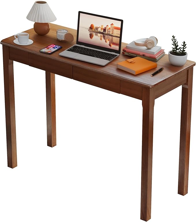 Wood Desk with Drawers - Solid Wood Mid Century Modern Desks for Bedroom, Small Computer Desk for PC, Laptop, Study, Makeup, 39.4 W x 29.5 H x 15.75 D in, Walnut Color
