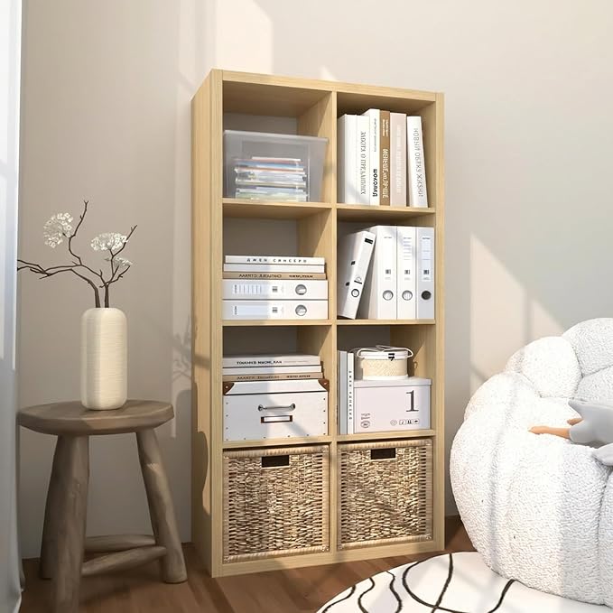 Endearing Limons【2026 Wooden Thick Border 8 Cube Shelf Storage Organizer with Anti-Tipping Kits + Reversible Open Back Bookcase (11 x 11 Unit Cell Oak)