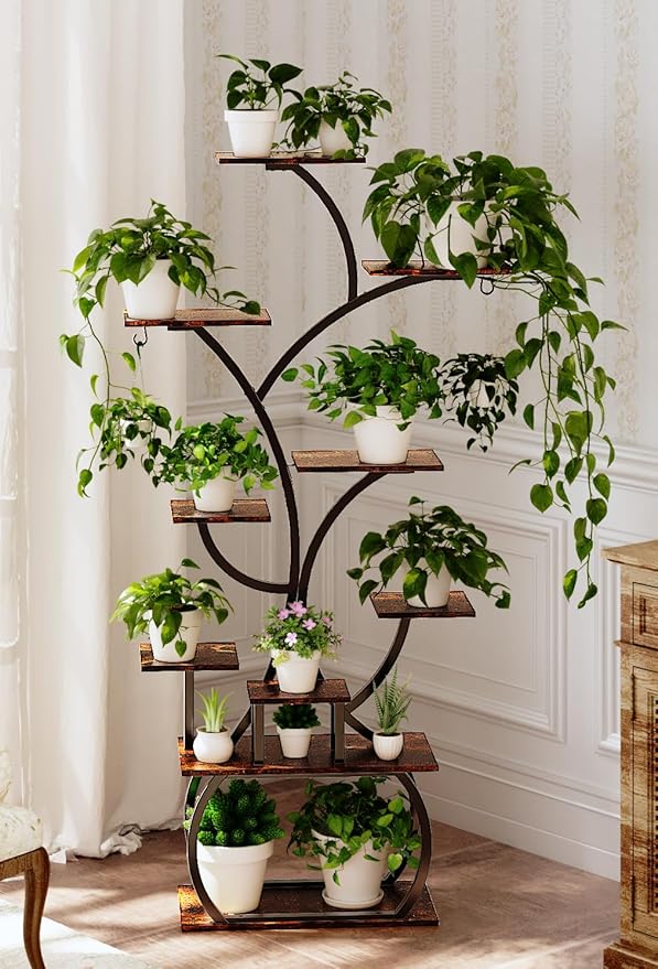 VINGLI Plant Stand Indoor with Grow Light, 61 Inch Tall Lighted Plant Shelf Indoor with 5 LED Light Strips, 10-Tiered Plant Stand for Indoor Growing, Tree-Shaped Large Metal Flower Shelves, Modern Decorative Plant Rack for Living Room, Balcony, Black