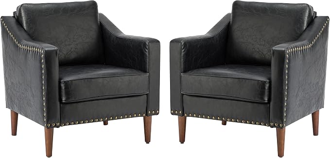 HULALA HOME Faux Leather Accent Armchairs Set of 2 with Back & Seat Cushions, Traditional Club Chairs with Nailhead Trim, Comfy Upholstered Sofa Chairs for Living Room Bedroom, Black