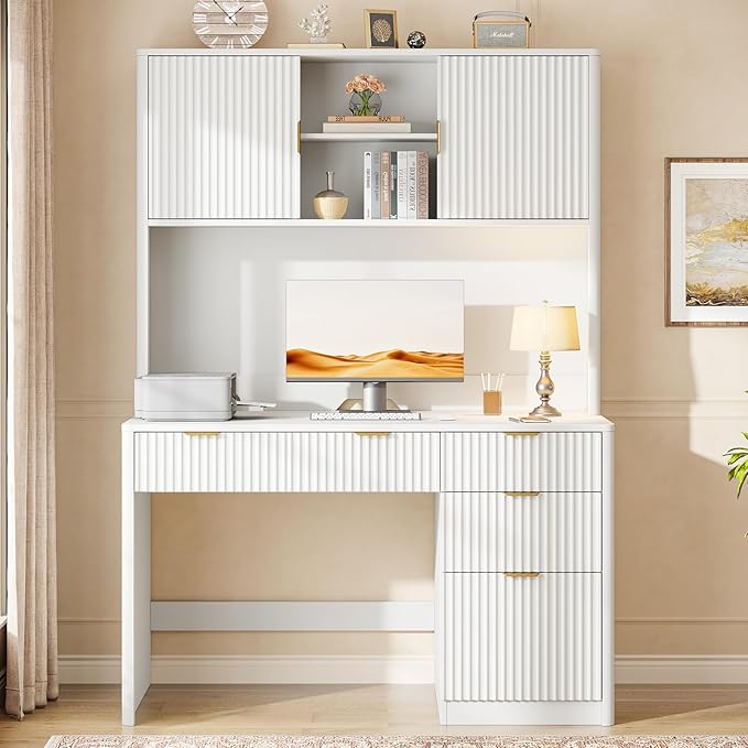 Vabches 67" H Executive Desk with FlutedDrawers,4 Drawers Fluted ComputerDesk,Wood Workstation with Hutch and BarnDoors for Work and Study,Cream White