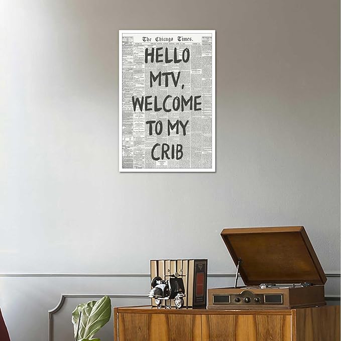 Drimiler Hello Mtv Welcome To My Crib Poster Vintage Black And White Newspaper Canvas Wall Art Positive Affirming 70'S Room Aesthetic Prints Painting For Home Bedroom Dorm Wall Decor 24x36in Unframed