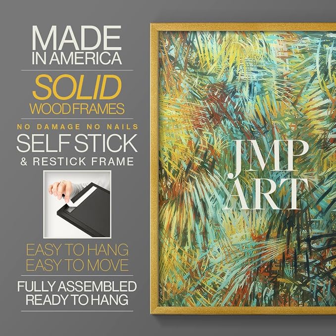 Renditions Gallery Set of 2 Peel & Stick Framed Prints, Nature Abstract Wall Art, Green Leafy Design Wall Decor, Re-Stickable - Ready to Hang - 22"x28" - GOLD Frame LT588