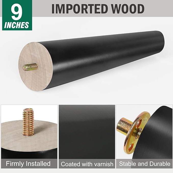 FoDau770 Black Rubber Wood Furniture Legs 9 Inches, Slant Tapered Wood Feet Mid Century Sofa Legs Set of 4, 5/16" UNC Furniture Feet Replacement Parts for Cabinet Couch Dresser Chair Ottoman Table