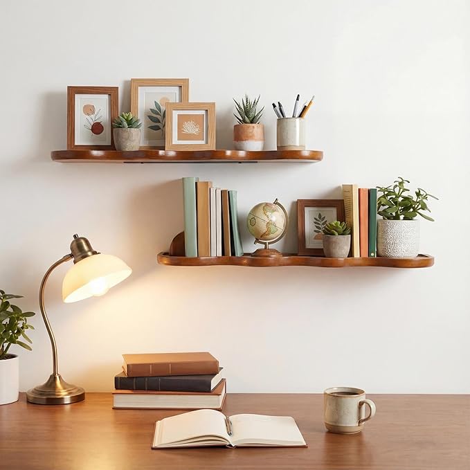Pinkunn 2 Pcs Floating Shelves for Wall Wood Scalloped Floatings Shelf Live Edge Floating Shelves Modern Scalloped Mounted Shelf Farmhouse Wall Decor for Home Bedroom Kitchen (Walnut,24" X 6")