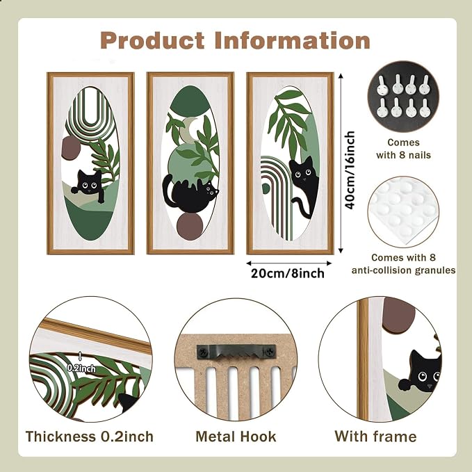 Celestdeco Boho Black Cat Wall Decor,Green Boho Wall Art,Mid Century Modern Decor Kitty,Abstract Geometric Line Artwork Cats,Green Plants Bohemian Botanical Cat Wood Art for Home Bedroom Living Room