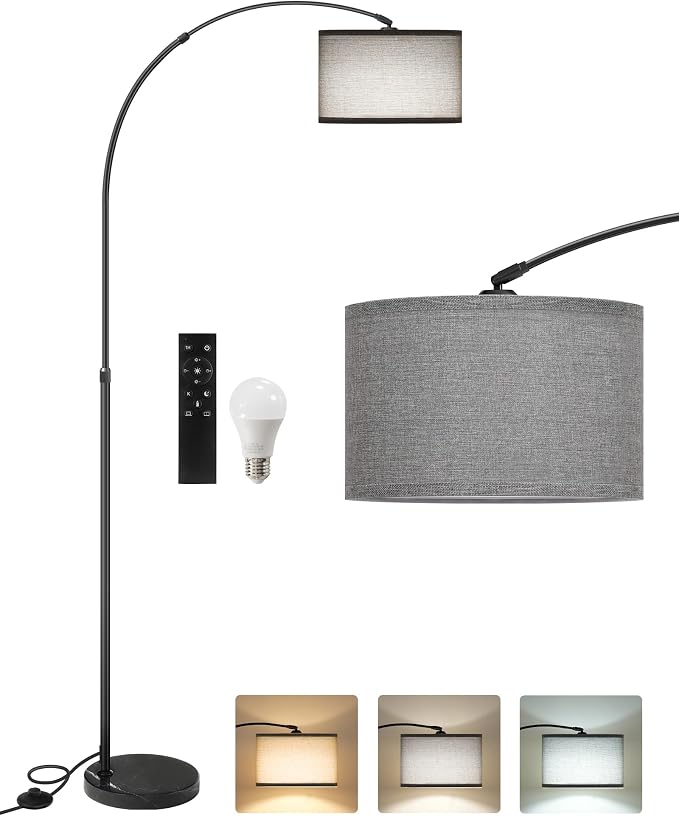 75" Arc Floor Lamp with Marble Base and Adjustable Height, Rotating Hanging Shade, Dimmable Floor Lamp for Living Room with Remote and Foot Switch, 3 Color Temperature, Gray Line Shade H15LD05N1