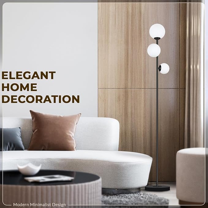 3 Globe Floor Lamp - Mid Century Modern Standing Light with 3 Color Temperatures, LED Bulbs, Frosted Glass Shades for Living Room (Black)