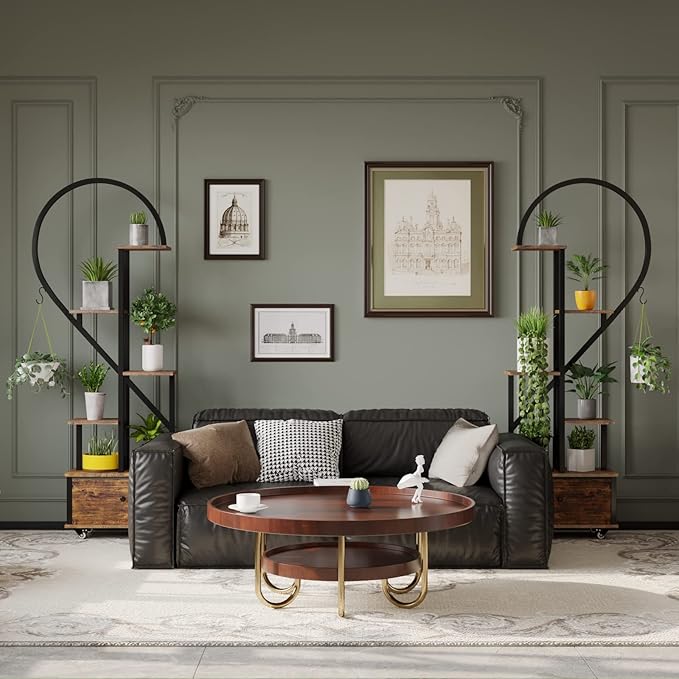 5-Tiered Tall Plant Stand Indoor, Heart-shaped Metal Plant Stand with Wheels and Hanging Hooks, Farmhouse Wood Plant Shelf Indoor for Living Room, Balcony, Garden, Rustic Brown (2 Pack)