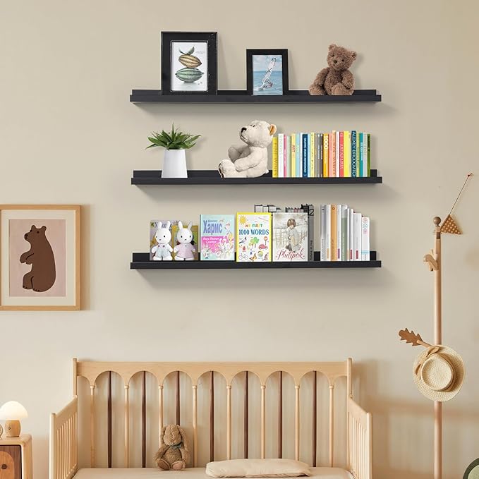 MBYD 48 Inch Long Dark Black Floating Photo Shelves with Lip, Picture Ledge Shelf Set of 3 Same Sizes, Wall Mounted Wooden Shelf for Bedroom Bathroom Kitchen Bathroom Living Room