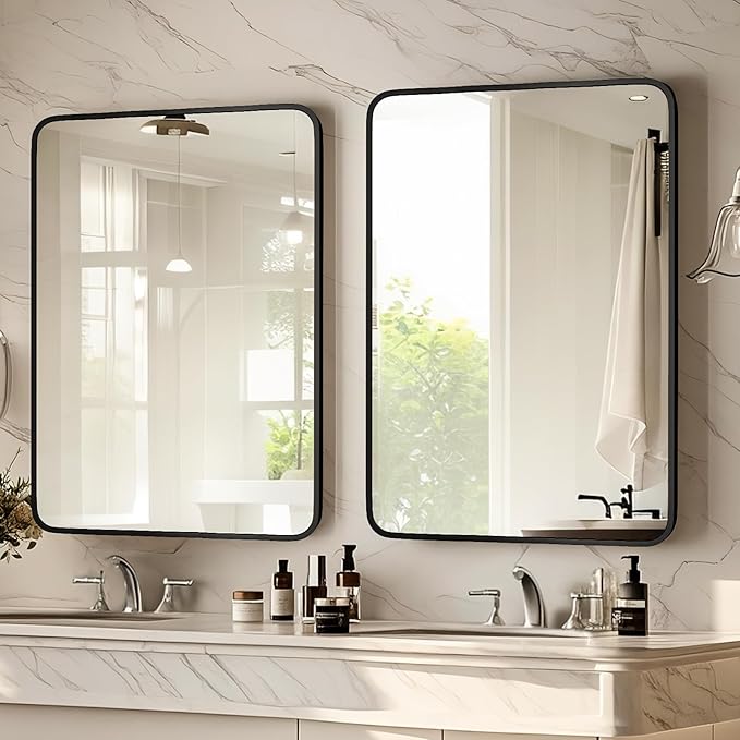 Black Bathroom Mirror 24×36 Inch Rounded Rectangle Wall Mirrors Metal Framed Bathroom Vanity Mirrors Modern Decor for Bedroom, Livingroom (Horizontal/Vertical)