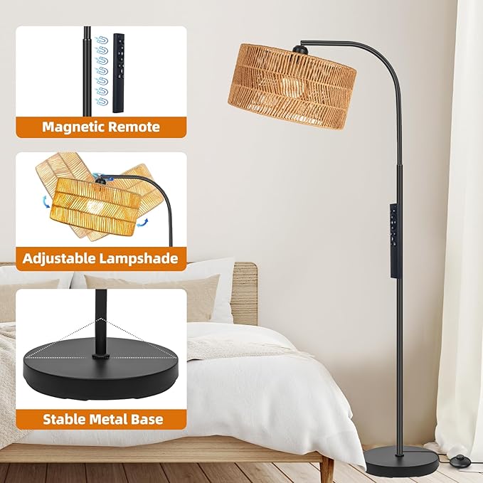 Rattan Floor Lamp- Boho Floor Lamp for Living Room, Rattan Standing Lamps with Dimmable Bulb, Adjustable Rattan Lamp Shades Bohemian Over Couch Lamps for Bedroom, Office
