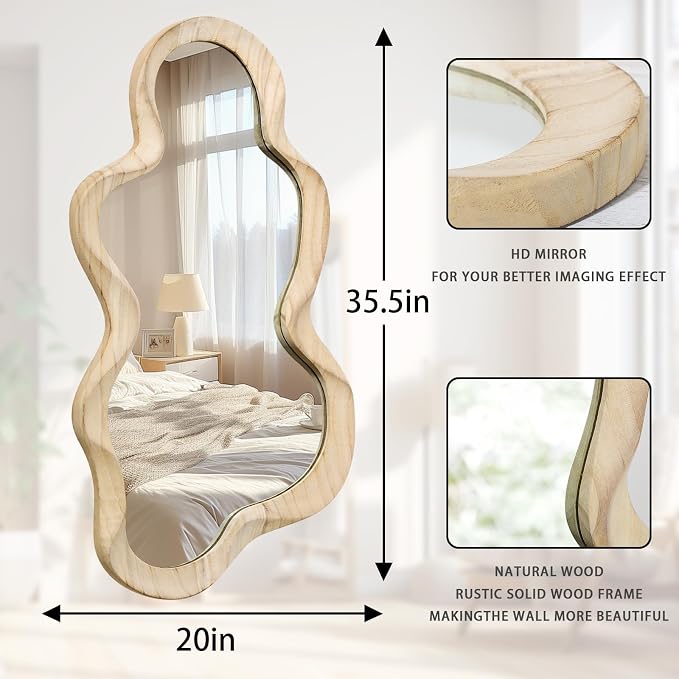 Large Asymmetrical Mirror Irregular Modern Cloud Wall Mirror Wood Frame Unique Shape Artistic Wall Mounted Vanity Mirror Decorative for Living Room Bedroom Bathroom Entryway Hallway