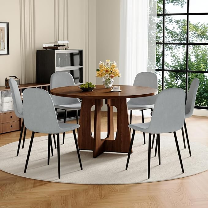 47" Round Dining Table Set for 6, Walnut Wood Grain Table and 6 Light Gray Linen Upholstered Chairs Set, Mid Century Modern Kitchen Table Set with Cross Legs