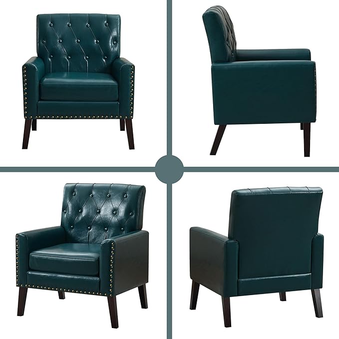 Mid Century Modern Accent Chair, Blue Faux Leather Office Chair for Reception - Tufted Leather Club Chair for Living Room, Bedroom, or Waiting Room