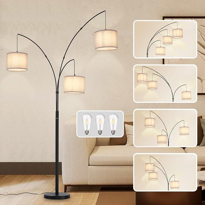DLLT Modern Floor Lamp for Room: 3-Light Black Tree Dimmable Floor Lamps with Black Shades for Living Room - Arc Standing Lamp for Bedroom - Tall Floor Lamp for Office Corner 3 LED Bulbs Included