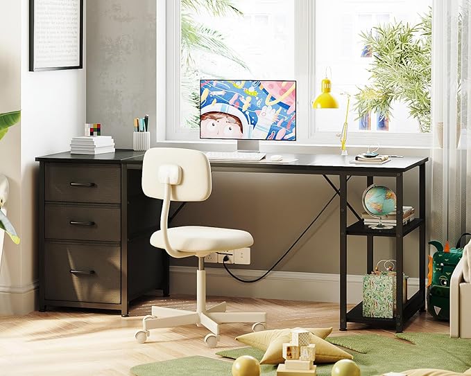 AODK 63 Inch Computer Desk with Drawers & USB Power Outlets, Reversible Home Office Desk with Storage Shelves, Work from Home, Modern Work/Writing/Study Table for Bedroom, Black