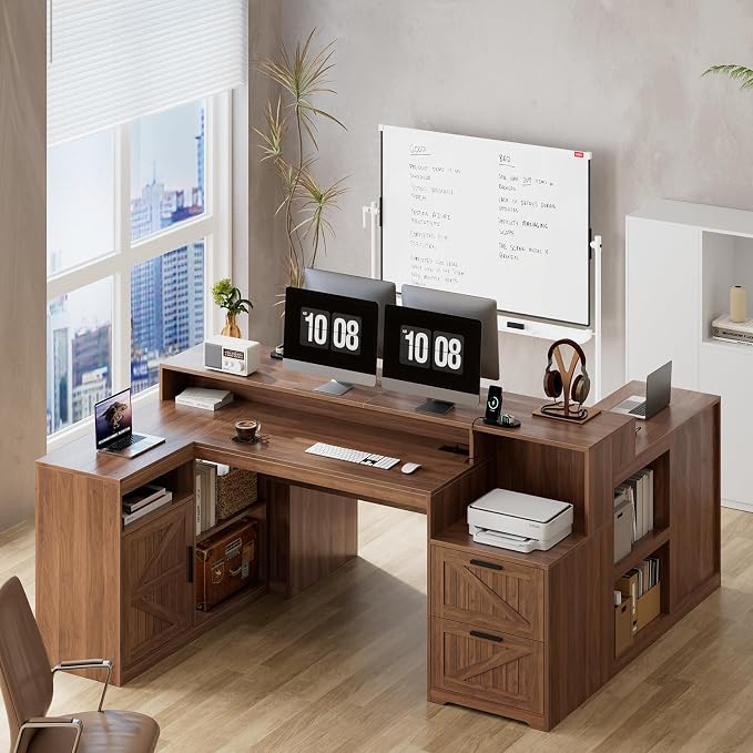 TVU Farmhouse L Shaped Desk with Drawers, 62.2" Home Office Desk with Storage Shelves and Power Outlet, L Shaped Computer Desk with Monitor Stand and Printer Shelf, Brown