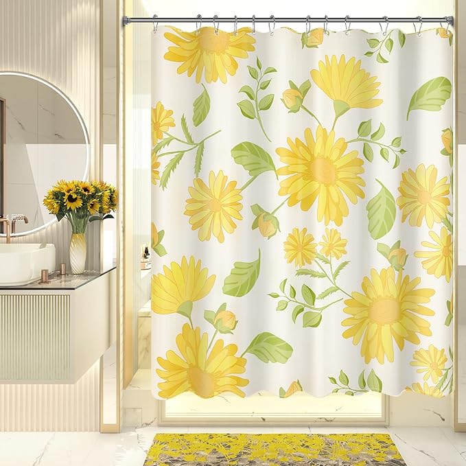 AmazerBath Floral Shower Curtain, Washable Cloth Shower Curtain Sets with 12 Shower Curtain Hooks, Fabric Rustic Yellow Gerbera Flower Eucalyptus Fall Shower Curtains for Bathroom Decor, 72x72 Inches