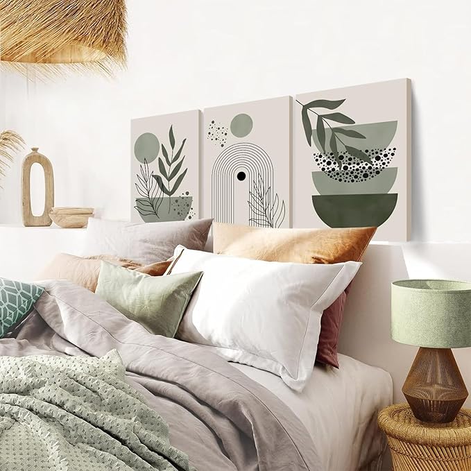 3Pcs Framed Boho Wall Art Sage Green Wall Decor Posters & Prints Minimalist Geometric Line Leaf Sun Moon Beige Canvas Artwork Paintings Room Bedroom Bathroom Office 16x24inch Ready to hang