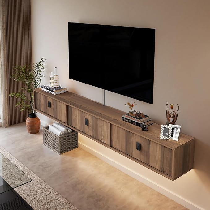 Solid Wood Floating TV Shelf, 71'' Wall Mounted TV Cabinet, Floating Shelves with 3 Doors, Wooden Mid-Century Entertainment Media Console Center Large Storage Under TV (Walnut)