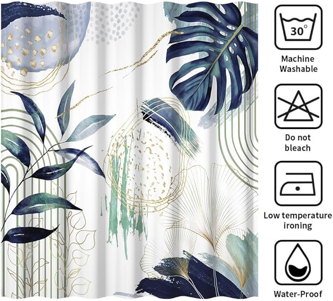 Mid Century Boho Shower Curtain Dark Green and Blue Palm Leaf Abstract Minimalist Aesthetic Bathroom Decor Watercolor Plant Bathtub Curtains Washable Waterproof Polyester Fabric with Hooks 72x78 Inch