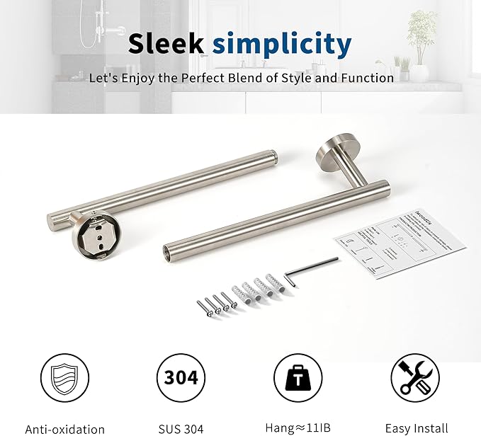 Brushed Nickel Towel Bar, 18 Inch Towel Racks for Bathroom Wall Mounted, Thicken SUS304 Stainless Steel Heavy Duty Hand Towel Holder Organizer, Bathroom Accessories, Total Length 20.5 Inch