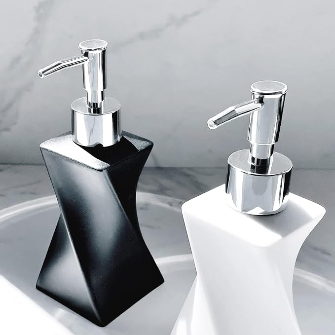 2 Pack Modern White & Black Hand Soap Dispenser Set for Bathroom Countertop, Dish Soap Dispenser for Kitchen, Contemporary Art Style, Rust Proof, 8.5oz