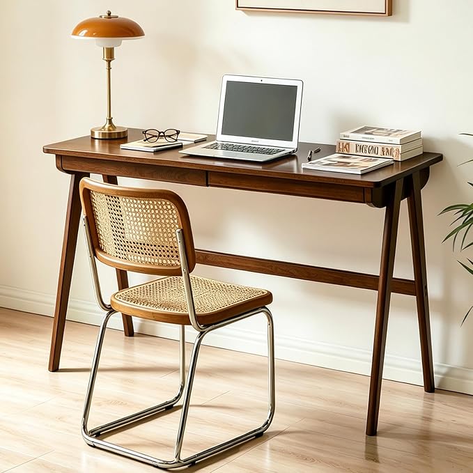 Solid Wood Desk with Drawers, Computer Desk for Home Office, Small Writing Desk for Bedroom & Small Spaces, Sturdy A-Frame, Easy Assembly (Walnut Color, 39inch)