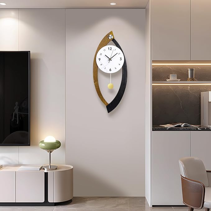 23.6 x 9.8inch Decorative Wall Clocks with Pendulum, Large Modern Solid Wood Frame Unique Clock for Wall Decor Living Room,Kitchen,Home,Bathroom,Bedroom - Battery Operated, Silent, Non-Ticking