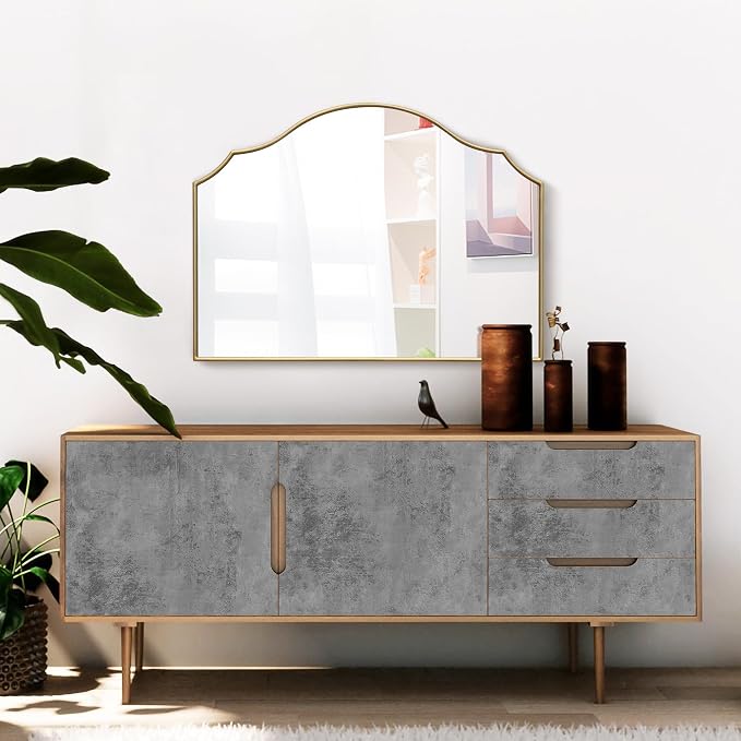 Besdomus Gold Scalloped Mirror for Vanity: 32"x24" Modern Minimalist Wooden Bathroom Mirror - Decorative Dresser Wall for Mantel/Bedroom/Entryway/Hallway - Ideal for 20-55 Age Fashion Women