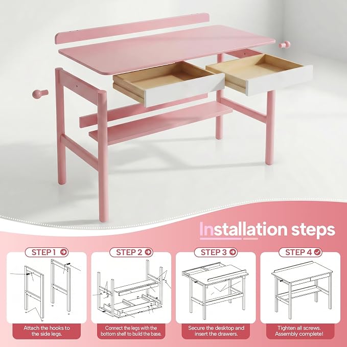 Solid Wood Study Desk & Home Office Writing Table with Drawers, 40" Vintage Mid Century Modern Computer Desk, Home Office Workstation for Bedroom, Small Spaces, Apartment(Pink,39.4 Inch Wide)