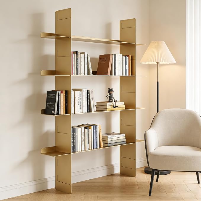 Metal Wall Mounted Floating Book Shelf, 4 Tier Storage Shelves, Easy Installation Display Shelf, 2 uprights+4 Shelves ,Storage Unit for Students, Housewives, and Collectors (Champagne Gold)