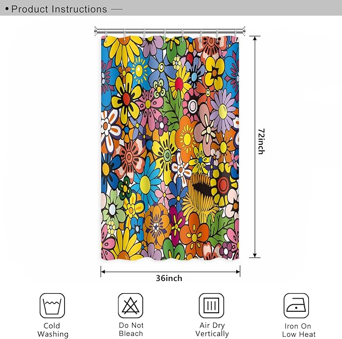Bohemia Colorful Flowers Bathroom Shower Curtain Funky Retro Hippie 60s 70s Aesthetic Washable Polyester Durable Fabric Home Shower Curtain with Hooks, 36x72 Inch
