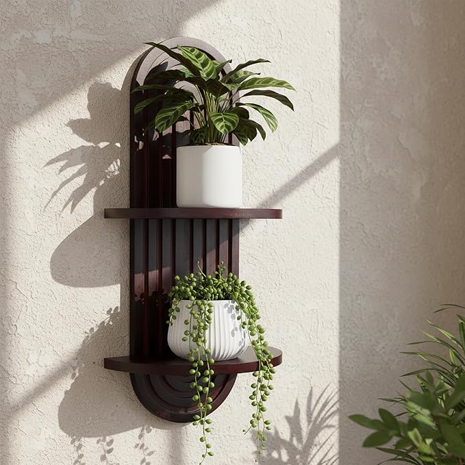 Plant Wall Shelves with Arched Wooden Design, Mid Century Modern Decor Floating Shelf Set of 2 - Boho Wall Decor for Indoor Plants Living Room Bathroom Office, 23.6 x 11.8 Inches