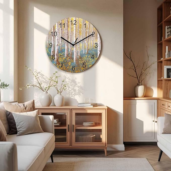 Trees Yellow Blue Forest Painting Art Style Wall Clock Battery Operated Non-Ticking 10" Round Wood Clocks, Kitchen Wall Clock for School Bathroom Living Room Home Office Wall Decor