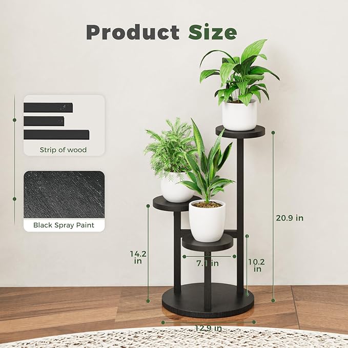 Bamworld 3 Tier Plant Stand Indoor, Corner Wood Plant Shelf for Multiple Plants, Small Tiered Round Flower Stand for Patio Garden Balcony Living Room Bedroom, Black