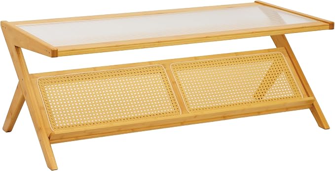 Bamboo Coffee Table, Accent Rattan Coffee Table with Glass Top, Mid-Century Wooden Center Tables, Modern Sofa Side Tea Tables with Storage for Living Room, Burlywood