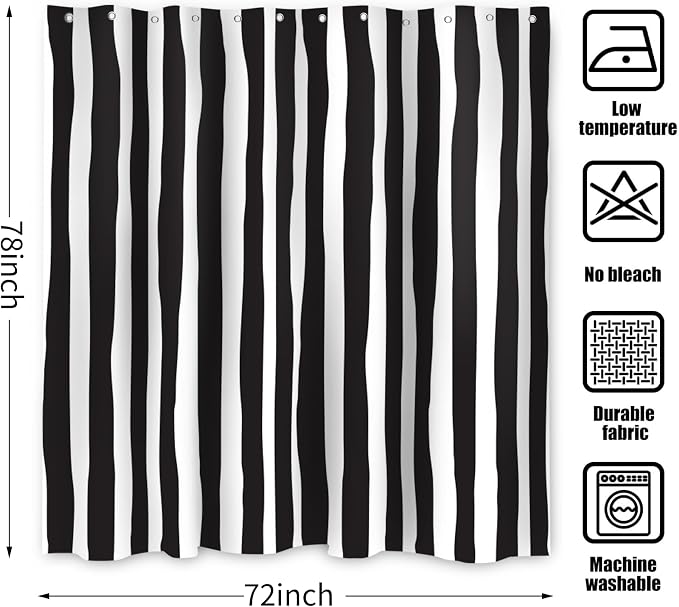 Black and White Extra Long Shower Curtain, Striped Boho Minimalist Modern Waterproof Fabric Machine Washable for Bathroom Decor Bathtub with Hooks 72Wx78H