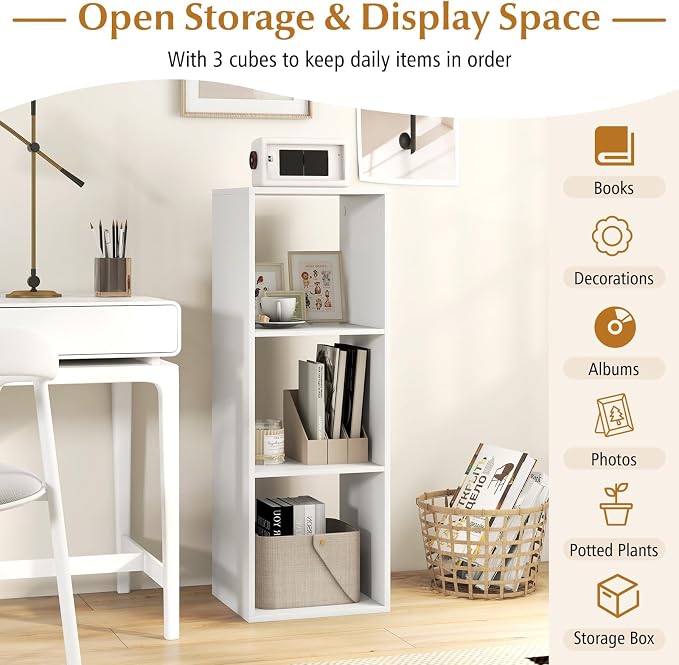 Tangkula 3-Cube Bookcase, 4-Tier Bookshelf with Open Compartments, Freestanding Cube Storage Organizer with Anti-Toppling Kits, Modern Display Shelf for Living Room, Study (1, White, 3-Cube)