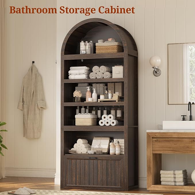 81" Tall Arched Cabinets,Bookcase with Drawer storage,Mid-Century Modern 5-Tier Bookshelf,2 Book Risers and Adjustable Shelves offering more storage space for Living Room,Kitchen,Home Office,Walnut