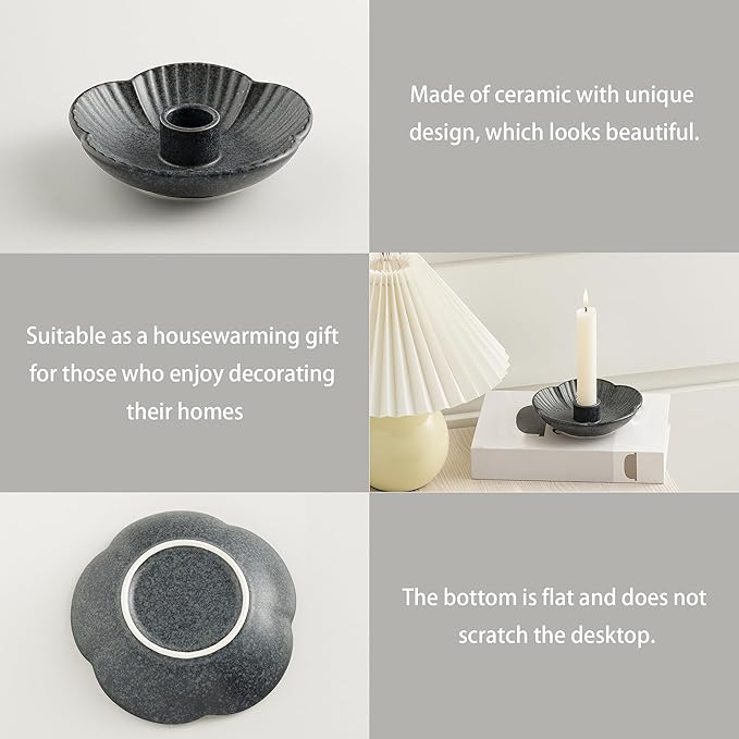 Ceramic Candlestick Holder, Candle Holder for Taper Candles,Incense, Santo Palo, Halloween Christmas Wedding Parties, Dining Room Home Decoration Display (Black)