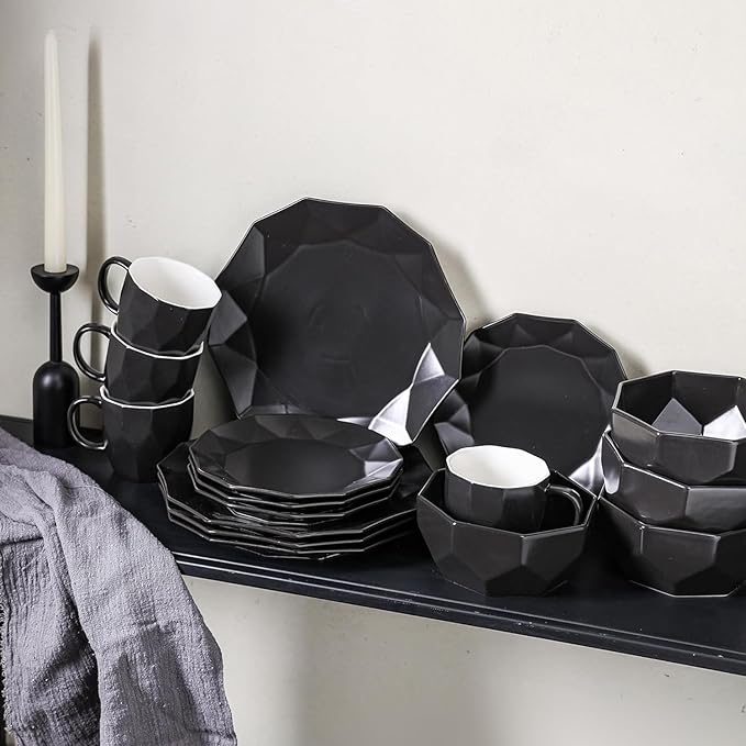 Stone + Lain Jamie Porcelain 16-Piece Geometric Dinnerware Set, Black