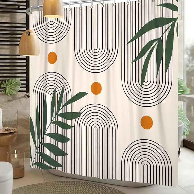 Boho Mid Century Shower Curtain Bohemian Minimalist Geometric Arch Sun Bathroom Curtain Sage Green Plant Polyester Shower Curtain Sets for Bathroom Extra Long 72x78 in with 12 Hooks