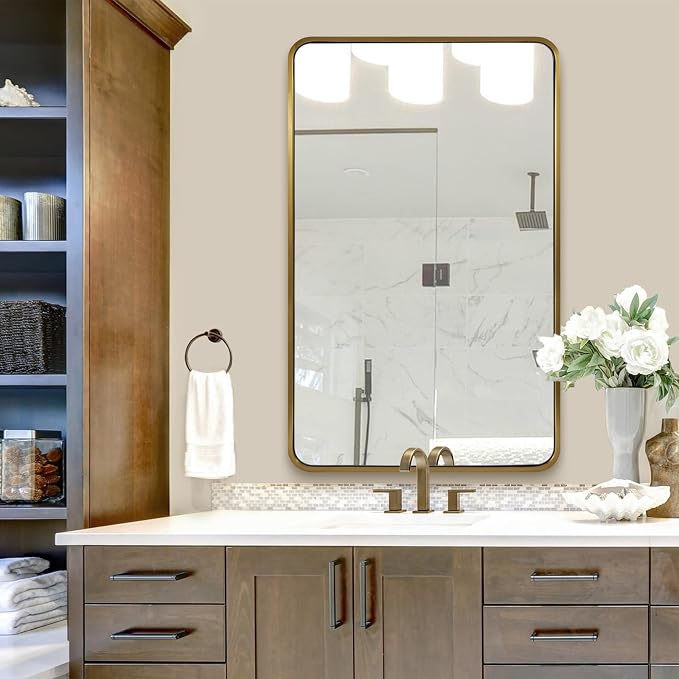 ANDY STAR Brushed Gold Bathroom Mirror 48”X30”, Brass Bathroom Vanity Mirror Rounded Rectangle, SUS304-Anti-Rust Metal Frame Mirror, Wall Mounted Horizontal/Vertical 1’’ Deep